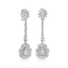 Ross-Simons - 3.50 ct. t. w. Diamond Teardrop Earrings in 14kt White Gold. On this statement-worthy pair, 3.50 ct. t. w. baguette, round and round brilliant-cut diamonds are beautifully arranged into elongated drops capped with teardrop clusters. Formal outfits will become noticeably more breathtaking in their presence! Crafted in 14kt white gold. Hanging length is 2 3/8". Post/clutch, diamond teardrop earrings. Diamond birthstones are the perfect gift for April birthdays. Timeless Pear-shaped Diamond Earrings For Formal Occasions, Gia Certified Pear Shaped Formal Earrings, Classic Diamond-cut Teardrop Earrings For Formal Occasions, Classic Diamond Cut Teardrop Earrings For Formal Occasions, Elegant Gia Certified Teardrop Diamond Earrings, Formal White Gold Teardrop Earrings With Brilliant Cut, Classic White Gold Teardrop Earrings For Formal Occasion, Classic Teardrop Diamond Earrings For Formal Occasions, Gia Certified Drop Diamond Earrings For Formal Occasions