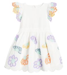 Baby embroidered cotton and linen dress in white - Stella Mc Cartney Kids | Mytheresa White Cotton A-line Dress, White A-line Cotton Dress, Spring Cotton Dress For Garden Party, Spring Garden Party Cotton Dress, Cotton A-line Beach Dresses, Spring A-line Dress With Cutwork Hem, White Dress With Cutwork Hem For Garden Party, Spring A-line Dress With Embroidered Hem, Spring Cotton Embroidered Dress For Garden Party