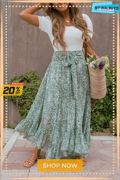 Floral Asymmetric Flounce Belted Maxi Skirt Trendy Non-stretch Skirt For Summer, Non-stretch Chic Skirt For Spring, Flared Maxi Skirt For Summer Brunch, Spring Non-stretch Long Skirt, Non-stretch Long Skirt For Spring, Chic Non-stretch Summer Maxi Skirt, Chic Non-stretch Tiered Skirt, Trendy Long Skirt For Summer, Summer Flared Skirt