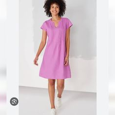 New Without Tag Women Dress, 100% Linen, Side Pockets Casual Pleated Purple Dresses, Casual Purple Pleated Dresses, Spring Dress With Pintucks, Relaxed Fit Purple V-neck Dress, Casual Summer Dresses With Pintucks, Casual Summer Dress With Pintucks, Relaxed Fit Split Neck Dress, Summer Dresses With Pintucks And Short Sleeves, Short Sleeve Pintucks Dress For Spring