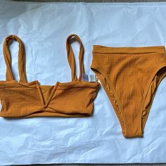 Never Worn, But There Are Some Dirt Marks From Store Handling, As Pictured. No Tags. Both Are Small Ribbed Beachwear Swimwear For Beach Season, Ribbed Swimwear For Summer Beach, Ribbed Summer Swimwear For Beach, Summer Ribbed Swimwear For Beach, Summer Beach Ribbed Swimwear, Stretch Solid Color Mini-length Swimwear, Yellow Tie-side Bottom Swimwear For Beach, Cheap Solid Micro-elastic Swimwear, Yellow V-neck Summer Swimwear