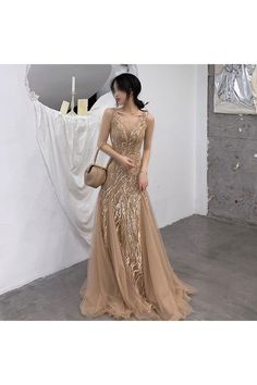 Shop Champagne Beaded Vneck Tulle Long Prom Dress Sleeveless online. SheProm offers formal, party, casual & more style dresses to fit your special occasions. Beige Dress Formal, Beige Prom Dress, Beige Prom Dresses, Fairytale Prom Dress, Prom Dress Aesthetic, Champagne Evening Gown, Prom Dress Sleeveless, Tulle Long Prom Dress, Soiree Dresses