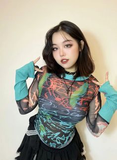 Patchwork Sleeves, Gothic Y2k, Become More Confident, Graffiti Pattern, Vest Blouse, Stockings Legs, Fishnet Stockings, Going Out Tops, Swimsuit Tops