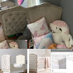 a collage of photos with teddy bears and baby cribs