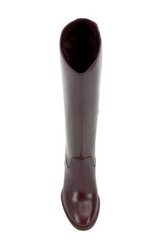 Smooth, polished leather forms the upper of this knee-high boot set atop a slightly curved block heel. 2 3/4" heel 15 1/4" shaft; 14 1/2" regular calf circumference 15 1/4" shaft; 16" wide calf circumference 15 1/4" shaft; 17" extra-wide calf circumference Leather upper/synthetic lining/rubber sole Imported Burgundy Leather Knee-high Boots, Elegant Burgundy Knee-high Boots, Wide Calf, Vince Camuto, Knee High Boots, Knee High, Block Heels, Rubber Sole, Leather Upper