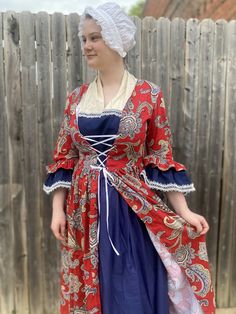 5 piece colonial polonaise ballgown. This item is machine washable and 100 percent period correct. Perfect for any re-enactment. Includes Polonaise Petticoat Stomacher And modesty cloth Hat sold separately . Custom made upon order. Please leave your size and measurements in customer comments. No refunds. Please include your measurements in the buyer's comments upon ordering. Historical Prairie Dress Costume, Regency Cotton Prairie Dress For Costume, Victorian Cotton Dress With Fitted Bodice For Costume, Traditional Victorian Dress With Fitted Bodice, Kid Gloves, Women's Costumes, Petticoat, 100 Percent, Outlander