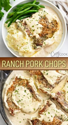 ranch pork chops with mashed potatoes, green beans and gravy in a skillet