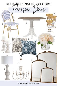 an assortment of chairs and tables with the words designer inspired looks parisian decor