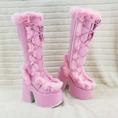 Camel 311 Stacked Baby Pink Stomper Platform Goth Punk Go Go Knee Boots In House - Totally Wicked Footwear Specific Aesthetic, Mary Jane Platform Shoes, Demonia Shoes, Shopping Wishlist, Fashion Things, Platform Block Heels, Concert Fits, Pink Girly Things, Knee Boot