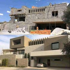 two pictures side by side one shows a house under construction and the other shows a car parked in front of it