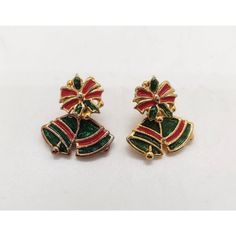 "Vintage AN Reticulated Swinging Bell Earrings Christmas Enamel Gold Tone Pierced. Item is pre-owned and in very good condition with no damage. Clasp works fine. There is a little gold wearing on the back of one earring. Earrings measure 1\" tall x 1\" wide. The bow goes on the love & the bells are able to move back & forth." Bell Earrings, One Earring, Earrings Christmas, Christmas Earrings, Gold Enamel, Christmas Bells, Unique Pieces, Jewelry Earrings Dangle, Dangle Drop Earrings