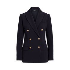 A timeless essential this blazer is made with stretch-infused wool crepe for a polished look and a comfortable feel. A double-breasted silhouette princess seams and peak lapels amplify its sophisticated sensibility. Double Breasted Suit Women, Blue Double Breasted Suit, Ralph Lauren Jacket, Crepe Blazer, Wool Crepe, Women Ralph Lauren, Navy Blue Blazer, Princess Seams, Mein Style