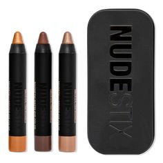 Smokey Gold Eyes 3 Piece Mini Eye Kit - NUDESTIX | Ulta Beauty Nudestix Makeup, Natural Smokey Eye, Metallic Eyes, Warm Chocolate, Gold Eyes, Shades Of Gold, Eye Pencil, Copper Foil, Dark Gold