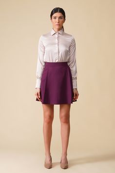 A High waist pleated mini skirt featuring front pleats, a line silhouette, and back concealed zipper closure. - a line silhouette - high waist - above the knee length (mini) - front pleats - two front pockets - color: purple. Fabric: viscose - 40%, elastane - 5%, polyester - 55%. Length - 18" / 45 cm  Our model wears size 2 US / 36 EU and is 176 cm / 5'9" tall. MORE ITEMS: https://www.etsy.com/shop/TAVROVSKA?ref=hdr_shop_menu Skater Dresses Casual, Work Outfits Frauen, Black Pleated Mini Skirt, Preppy Skirt, Purple Skirt, Skirts For Women, Knee Dress, Work Outfits Women, Collar Blouse