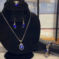 Nwot Fine Jewelry Sterling Silver Genuine Oval Lapis 4 Piece Jewelry Set. Oval Pendant, Necklace Not Included, Hanging Dangle Drop Hook Oval Lapis Earrings. Ring Size 8.5 With Oval Lapis And Heavy Lapis Link Chain 8 Inch Bracelet . Beautiful And Wonderful Quality.4 Oval Pendant Necklace, Lapis Earrings, Jewelry Sterling Silver, Oval Pendant, Handmade Sterling Silver, Link Chain, Blue And Silver, Jewelry Set, Sterling Silver Jewelry