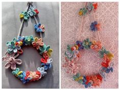 two pictures with different colored crocheted necklaces on the left and in the middle