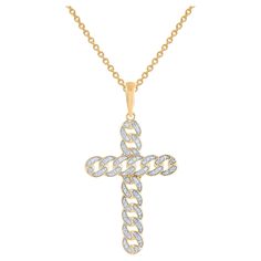 Make a bold statement of style and beliefs with the eye-catching elegance of this diamond cross pendant. Beautifully crafted by our inhouse experts in 18 karat yellow gold and embellished with 84 round diamond set in pave setting. The total diamond weight is 0.20 carat and it shines in H-I color I2 clarity. Pendant suspends along an cable chain that secures with a spring-ring clasp. Round Diamond Setting, Diamond Cross Pendants, Diamond Cross, Pave Setting, Cross Jewelry, Diamond Set, Cross Pendant Necklace, Round Cut Diamond, Cable Chain