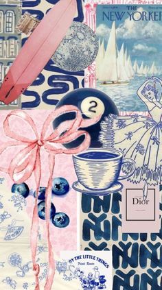 a collage of various items including a pink ribbon and blue background with words that read new york