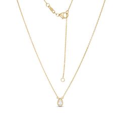 Perfectly petite, this vintage-inspired diamond necklace is an adorable look she'll never want to take off. Crafted in warm 10K gold, this anytime style showcases a sparkling 1/5 ct. pear-shaped diamond solitaire in an intricate milgrain-lined bezel setting. Polished to a bright shine, this design suspends centered along a 16.0-inch cable chain with 2.0-inch extender that secures with a lobster claw clasp. Vintage Style Necklace, Diamond Solitaire Necklace, Solitaire Necklaces, Pear Shaped Diamond, Diamond Stone, Diamond Clarity, 10k Gold, Diamond Solitaire, Bezel Setting