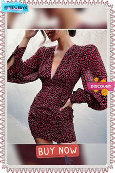 Dress for Women Y2k Sexy Long Sleeve Floral Print Lantern Sleeve Shirred Dress Chic Casual Fashion Elegant V Neck Dress Floral Print Mini Dress For Party Season, Red Non-stretch Mini Dress, Summer Long Sleeve Flirty Bodycon Dress, Non-stretch Red Mini Dress, Floral Print Bodycon Dress For Club, Floral Print V-neck Bodycon Dress For Parties, Floral Print V-neck Bodycon Dress For Night Out, Bodycon Floral Print Dress For Club, V-neck Floral Print Bodycon Dress For Party