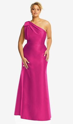 Bow One-shoulder Satin Trumpet Bridesmaid Dress In Think Pink | The Dessy Group One-shoulder Satin Gown For Prom, Satin Gown With Asymmetrical Neckline For Prom, One-shoulder Satin Gown For Prom Season, Prom Season Satin Gown With Asymmetrical Neckline, One-shoulder Satin Maxi Dress With Sweep Train, Asymmetrical Satin Prom Gown, Satin Gown With Asymmetrical Neckline, Satin One-shoulder Floor-length Prom Dress, Floor-length Satin One Shoulder Dress For Prom