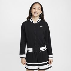 Serve up court-ready style any day of the week. Sporty stripes pair with a ribbed hem, collar and cuffs to give this full-zip jacket an athletic look. Its relaxed fit leaves plenty of room for layering while its structured knit fabric pulls sweat away from your skin for quick evaporation, helping you stay cool and comfortable. Sporty Black Nylon Track Jacket, Sporty Black Track Jacket With Reflective Details, Black Half-zip Sportswear Track Jacket, Nike Moisture-wicking Sportswear Track Jacket, Nike Sporty Moisture-wicking Hooded Jacket, Athletic Looks, Girls Jacket, Collar And Cuff, Nike Sportswear