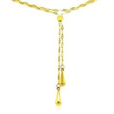 This showstopper of a double strand necklace features a chain with disc cluster sections. A lariat beauty with puffed teardrop elements, this 14k yellow gold piece comes in size 17 inches and is secured with a lobster closure. Necklace Information Approximate Weight 2.5 gram(s) Available Sizes 17 Metal 14K Yellow Gold " Adjustable Gold Drop Necklace, Adjustable Drop Yellow Gold Necklace, Gold Adjustable Teardrop Drop Necklace, Gold Lariat Necklace With Dangle And Lobster Clasp, Gold Adjustable Lariat Necklace With Teardrop Pendant, Gold Lariat Necklace With Teardrop Pendant And Delicate Chain, Gold Lariat Necklace With Dangle, Gold Adjustable Teardrop Pendant Drop Necklace, Yellow Gold Dangle Drop Necklace With Clavicle Chain