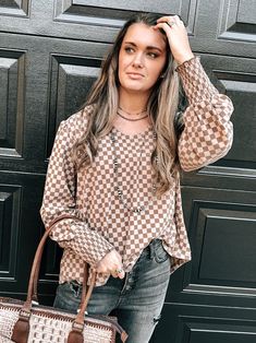 Checkered Board Blouses – Rowdy Western Hippie Plaid V-neck Tops For Fall, Plaid Long Sleeve Blouse For Day Out, Oversized Plaid Tops For Everyday, Fall Gingham V-neck Top, Fall Long Sleeve Tops With Grid Pattern, Trendy Plaid Winter Blouse, Trendy Plaid Blouse For Winter, Casual Gingham Long Sleeve Top, Casual Long Sleeve Gingham Top