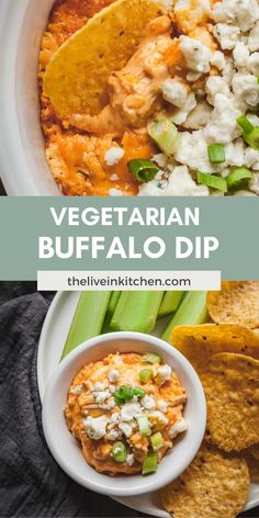 vegetarian buffalo dip with celery and tortilla chips in a white bowl