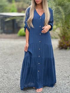 Women's Summer Solid Dress V-Neck Long Sleeve Loose Holiday Maxi Dress Casual Long Sleeve V-neck Dress In Solid Color, Solid Color Beach Dress For Fall, Solid Color Fall Beach Maxi Dress, Bohemian V-neck Solid Color Dress, Solid Color Midi Beach Dress For Fall, Fall Solid Color Maxi Dress For Day Out, Solid Color Long Sleeve Maxi Dress For Day Out, Long Sleeve Solid Color Maxi Dress For Day Out, Casual Long Sleeve V-neck Dress For Brunch