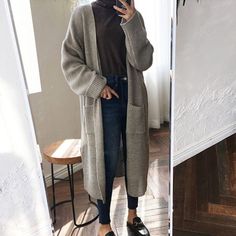 Womens Long Cardigan Sweaters, Women Long Cardigan, Korean Fashion Outfits, Long Knit Cardigan, Outfit Jeans, Korean Fashion Trends, Cardigan Long, Long Knit, Loose Knit