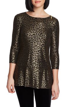 Leopard print is revived with a glam shine via this swingy peplum top of metallic jersey with a gleaming goldtone zipper atop one shoulder. 28" length Jewel neck Three-quarter sleeves 89% nylon, 6% metallic fibers, 5% spandex Machine wash, tumble dry Imported Point of View Metallic Blouses, Balloon Sleeve Top, Metallic Knit, Gold Blouse, Eyelet Top, Jewel Neck, One Shoulder Tops, Point Of View, Three Quarter