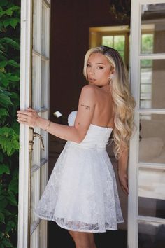 White Lace Skater Dress, Big Wedding Dresses, Tulle Mini Dress, White Lace Mini Dress, V Dress, Strapless Lace Dress, Mini Skater Dress, Grad Dresses, White Dresses