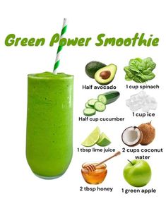 the green smoothie is in a tall glass with ingredients to make it look like an avocado