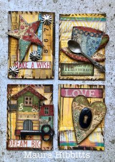 four square pieces of mixed media art with words and pictures on them, including a house