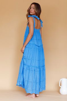 Shop the Brynna Tied Shoulder Maxi Dress Blue | Selfie Leslie Broderie Anglaise Maxi Dress, Blue Eyelet Dress For Summer, Blue Maxi Dress With Tie Straps For Brunch, Spring Vacation Maxi Dress With Broderie Anglaise, Blue Eyelet Summer Dress, Chic Broderie Anglaise Maxi Dress For Vacation, Blue Maxi Dress With Tie Straps For Day Out, Summer Daywear Maxi Dress With Broderie Anglaise, Summer Broderie Anglaise Maxi Dress For Daywear