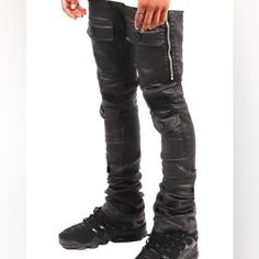 Black Leather Super Stacks Skinny Designer Black Leather Bottoms, Designer Black Bottoms For Streetwear, Black Leather Streetwear Bottoms, Black Leather Bottoms For Streetwear, Designer Fitted Bottoms For Streetwear, Lofted Cabin, Leather Jeans Men, Ripped Knee Jeans, Uniqlo Jeans