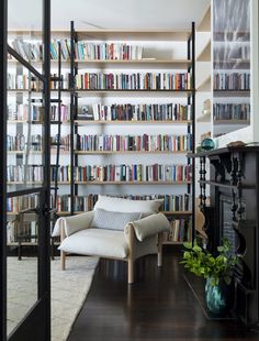 Bookcase Floor To Ceiling, Fireplace Restoration, Reading Den, Contemporary Bookshelf, Sliding Ladder, Girl Office, Weatherboard House, Book Spines