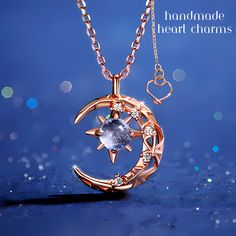 Beautiful Moon Necklaces are back and now come in a new size, making them even more versatile and wearable. The necklaces are made of copper but look like rose gold, giving them an elegant and luxurious look. Each movement gives your moon necklace a different look because of the way the light reflects the crystal. Package-Necklace is placed on a card and slipped into a plastic pouch. Gorgeous Moon Necklace, is a stunning piece of jewelry that will add a touch of celestial charm to any outfit. Th Moon Star Jewelry, Moon Jewelry Aesthetic, Sun And Moon Jewelry, Dainty Moon Necklace, Moon Outfit, Moon Star Pendant, Moon And Star Necklace, Moon Necklaces, Crescent Moon Jewelry