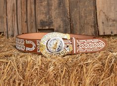 Unique handcrafted western leather belt with horse shoe design stitching and belt buckle Western Concho Belt Buckles For Western-themed Events, Western Adjustable Belt Buckles For Rodeo, Western Style Adjustable Belt Buckles For Rodeo, Western Concho Belts For Ranch, Southwestern Concho Belt For Rodeo, Western Hand Tooled Belt Buckles For Rodeo, Western Concho Belt Buckles For Country Events, Western Antique Belt Buckle For Rodeo, Southwestern Antique Belt Buckle For Rodeo