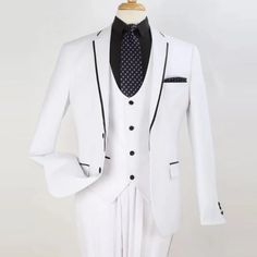 White Wedding Suit Groom This 2 Button Suit Comes In A Slim Fit, It Features A Matching Vest, Flat Front Pants, And Satin Trim Along The Lapel Fitted White Tuxedo With Buttons, White Fitted Tuxedo With Buttons, Fitted White Single Breasted Tuxedo, White Three-piece Wedding Suit, White Tuxedo Business Set, White Fitted Suit And Tie Accessories For Formal Occasions, White Fitted Single Breasted Suit, White Fitted Single Breasted Three-piece Suit, White Fitted Single-breasted Three-piece Suit