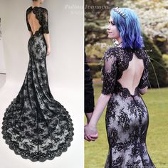 the back of a black and white dress with blue hair