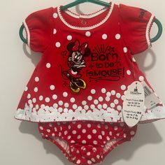 Walt Disney World Minnie Mouse Dress Onesie Nwt Newborn Size Red/White Polka Dot Born To Be Famouse Disney Minnie Mouse Cotton Dresses, Minnie Mouse Cotton Short Sleeve Dress, Red Cotton Minnie Mouse Dress, Mouse Dress, Minnie Mouse Dress, Newborn Dresses, Kids' Dresses, Walt Disney World, White Polka Dot