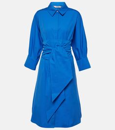 Cotton poplin shirt dress in blue - S Max Mara | Mytheresa Cotton Button-up Belted Midi Dress, Blue Cotton Belted Shirt Dress, Cotton Button-up Midi Dress With Belt, Classic Cotton Midi Dress For Office, Cotton Belted Shirt Dress For Office, Formal Cotton Dresses With Pockets, Blue Cotton Shirt Dress With Pockets, Formal Cotton Button-up Shirt Dress, Classic Cotton Knee-length Shirt Dress