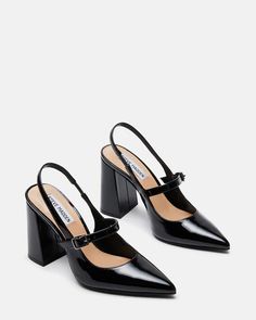 MAEGAN Black Patent Slingback Heel | Women's Heels – Steve Madden Block Heel Slingback, Mode Zara, Dr Shoes, Prom 2024, Western Chic, Fancy Shoes, Shoe Inspo, Aesthetic Shoes, Elegantes Outfit