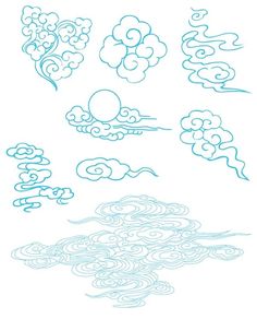 some clouds and trees are drawn in blue ink on white paper, with the sky above them