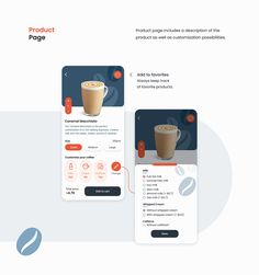 the product page is shown with two screens showing coffees and their preparation steps to make it