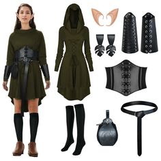 PRICES MAY VARY. Medieval Retro Costume Set: you will receive 1 black hooded robe costume, 1 black tight corset , 1 pair of elf ears, 1 pair of leather gauntlet wristbands, 1 PU leather belt, 1 drawstring pouch , 1 pair Skirt Clip ,and 1 pair of stockings, enough for your dress and cosplay party needs. Retro Style: showcasing the charm of the middle ages, the medieval cloak whose main material is polyester and spandex, features a high low hem, draped collar, lace up front and back, an oversized Medieval Cloak, Medieval Cosplay, Women Costume, Hooded Robe, Medieval Fashion, Gothic Dress, Women's Costumes, Halloween Dress