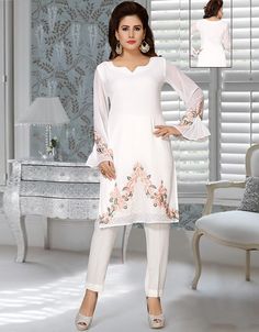 White Georgette Partywear Salwar Kameez Latest Salwar with Bottom Pant Comfortable and Easy Wear Dress belongs to the embroidery work at the front and sleeves Hijab and band shown in the image can be bought separately Fabric: GeorgetteCare: Mild machine wash/ hand Cold Wash/ Dry cleanWe request customers to carefully choose the correct size and dress length referring to our size chart White Kurti, Easy Wear Dresses, Resham Embroidery, Embroidered Kurti, Plus Size Suits, Work Party, Georgette Fabric, Churidar, Embroidery Work