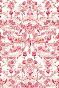 an ornate red and white wallpaper with pink flowers on the bottom, in front of a